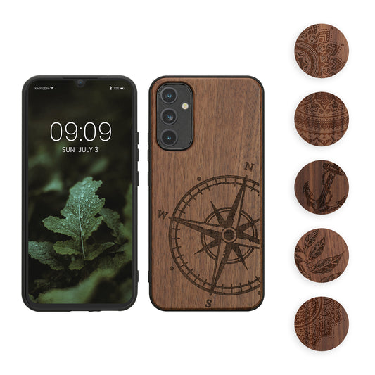kwmobile Hülle kompatibel mit Samsung Galaxy A34 5G Hülle - Holz Case - Handy Cover - TPU Handyhülle in Dunkelbraun Kompass Vintage Dunkelbraun  [dsg01]
