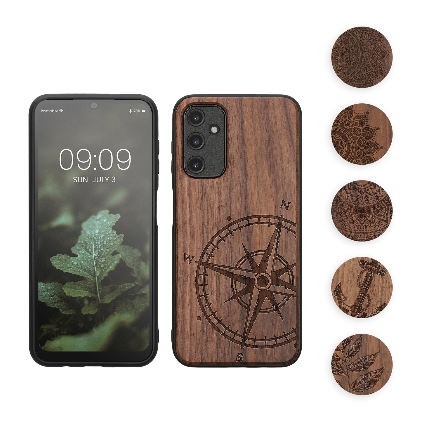 kwmobile Hülle kompatibel mit Samsung Galaxy A14 5G Hülle - Holz Case - Handy Cover - TPU Handyhülle in Dunkelbraun Indische Sonne Dunkelbraun  [dsg03]