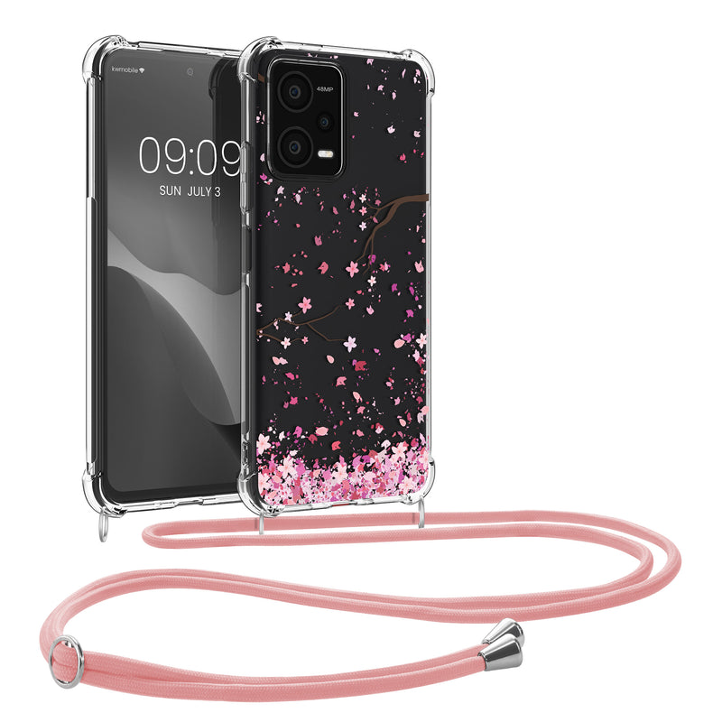 kwmobile Necklace Case compatible with Xiaomi Redmi Note 12 5G / POCO X5 5G - Silicone Cover with Lanyard - Dark Brown Transparent Cherry Blossom Petals