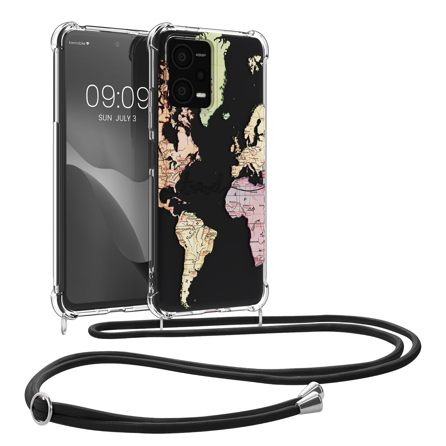 kwmobile Necklace Case compatible with Xiaomi Redmi Note 12 5G / POCO X5 5G - Silicone Cover with Lanyard - Dark Brown Transparent Cherry Blossom Petals