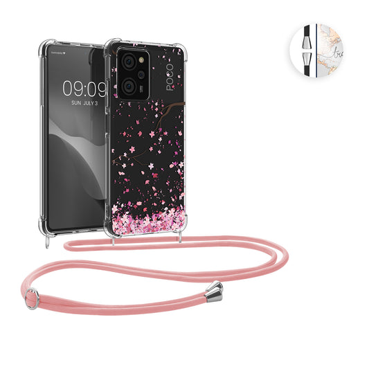 kwmobile Necklace Case kompatibel mit Xiaomi Poco X5 Pro 5G Hülle - Silikon Cover mit Handykette - Rosa Dunkelbraun Transparent Kirschblütenblätter Rosa  [dsg01]
