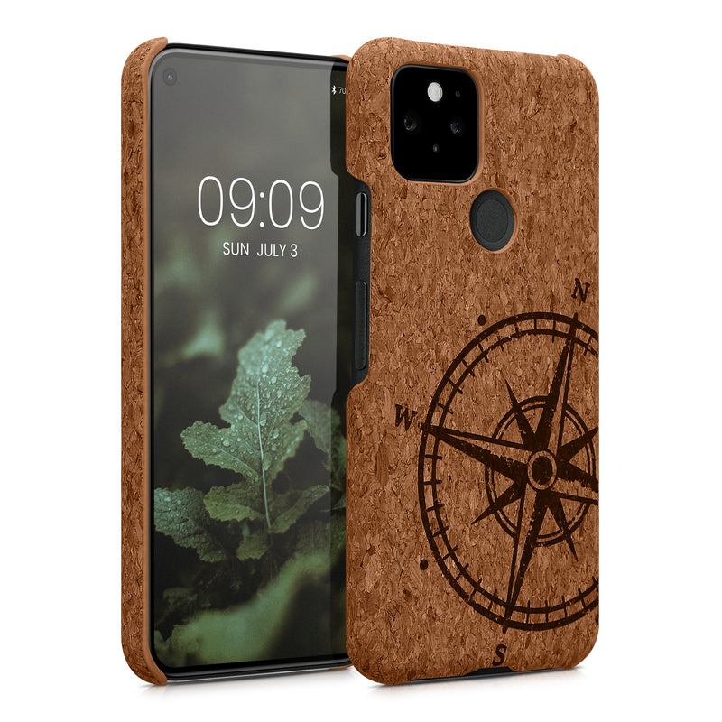 kwmobile Hülle kompatibel mit Google Pixel 5 - Kork Handyhülle - Handy Case Cover Schutzhülle Kompass Vintage Dunkelbraun Hellbraun Dunkelbraun  [dsg01]