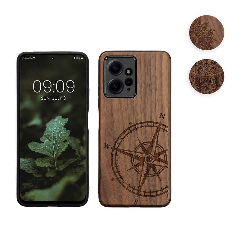 kwmobile Hülle kompatibel mit Xiaomi Redmi Note 12 (4G) Hülle - Holz Case - Handy Cover - TPU Handyhülle in Dunkelbraun Kompass Vintage Dunkelbraun  [dsg01]