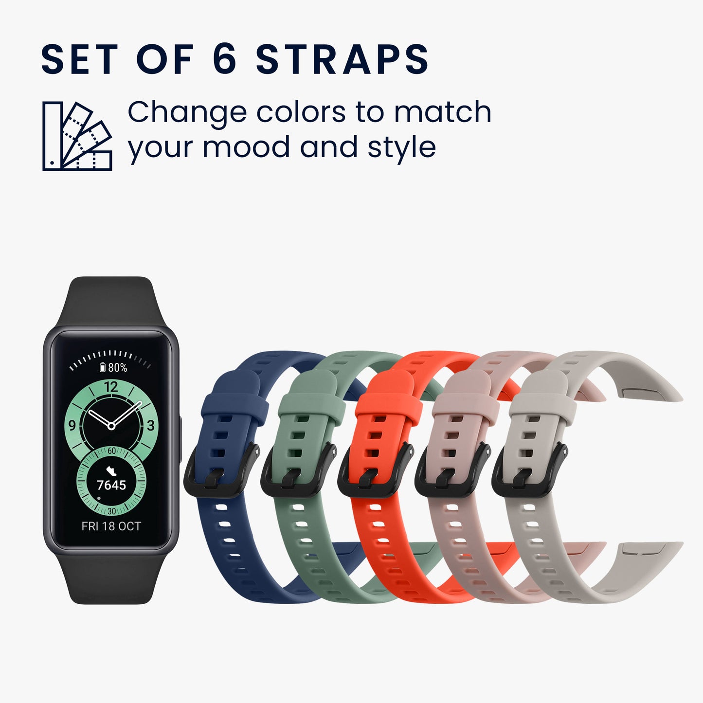 kwmobile Sport Strap compatible with Huawei Band 6 & 6 Pro / Honor Band 7 & 6 Band Large Set Smartwatch Strap in Various Colors