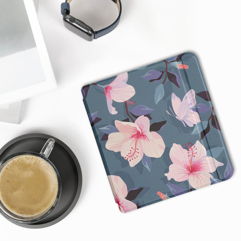 kwmobile Case for Kobo Libra 2 - eReader Flip Cover with Auto Sleep Function - Bookshelf with Plants