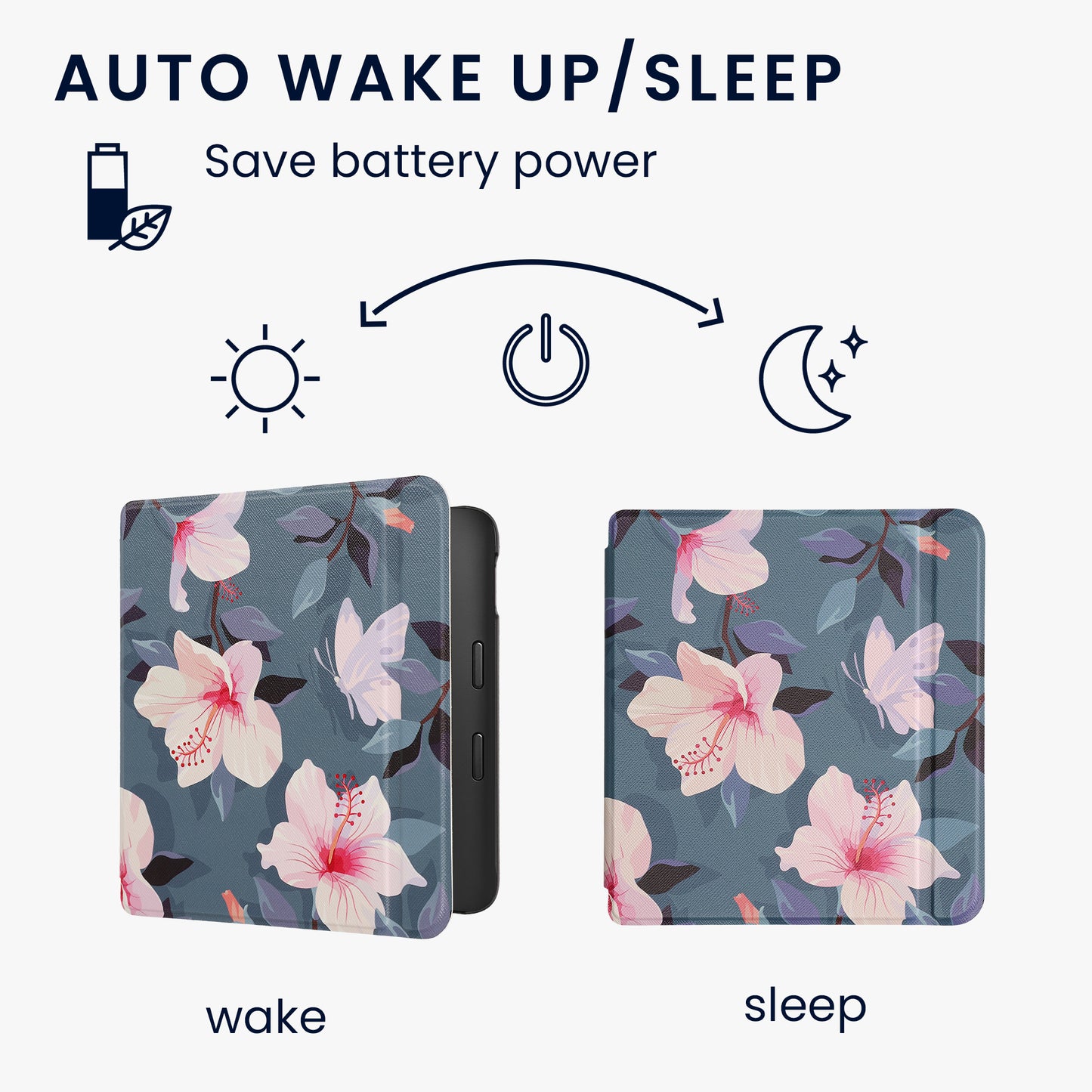 kwmobile Case for Kobo Libra 2 - eReader Flip Cover with Auto Sleep Function - Bookshelf with Plants