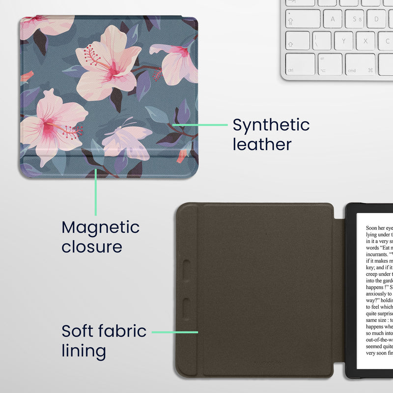 kwmobile Case for Kobo Libra 2 - eReader Flip Cover with Auto Sleep Function - Bookshelf with Plants