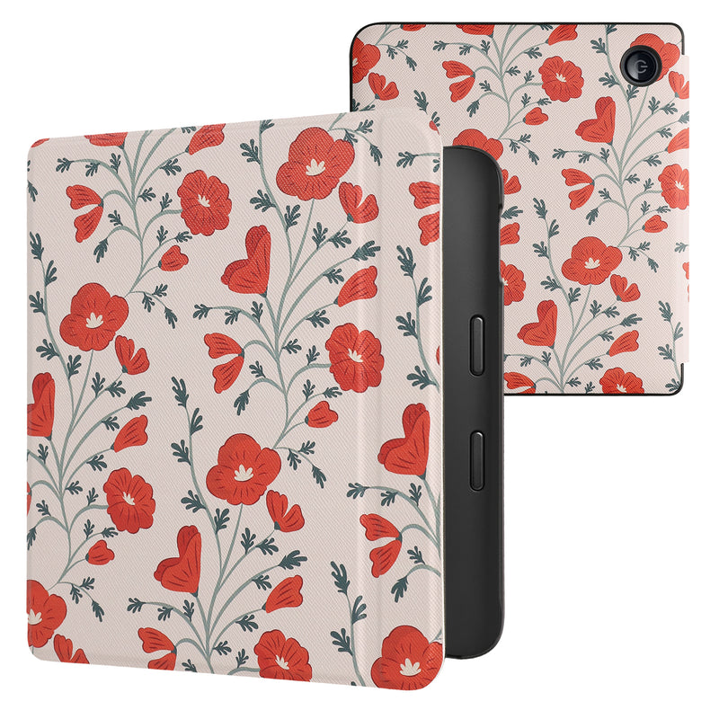 kwmobile Klapphülle kompatibel mit Kobo Libra 2 Hülle - eReader Case - Mohnblumen Rot Grün Beige Rot  [dsg08]