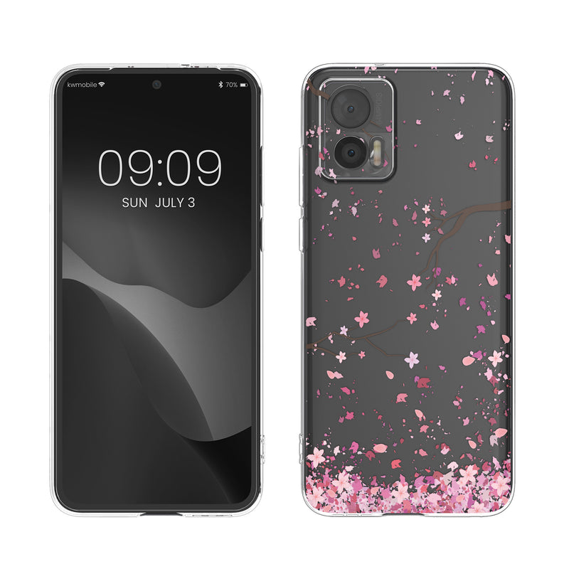 kwmobile Case kompatibel mit Motorola Edge 30 Neo - Hülle Silikon transparent Kirschblütenblätter Rosa Dunkelbraun Transparent Rosa  [dsg02]