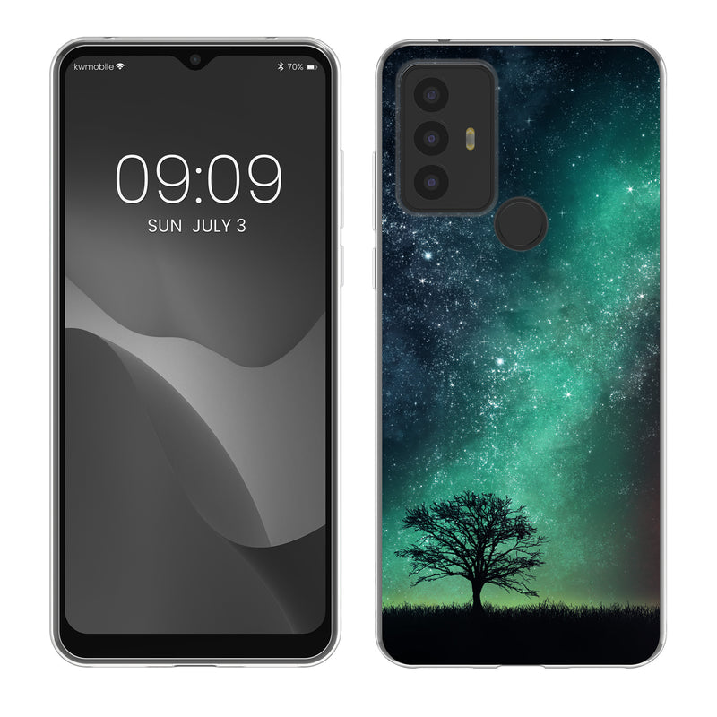 kwmobile Case kompatibel mit TCL 30 E / 30 SE - Hülle Silikon transparent Galaxie Baum Wiese Blau Grau Schwarz Blau  [dsg01]