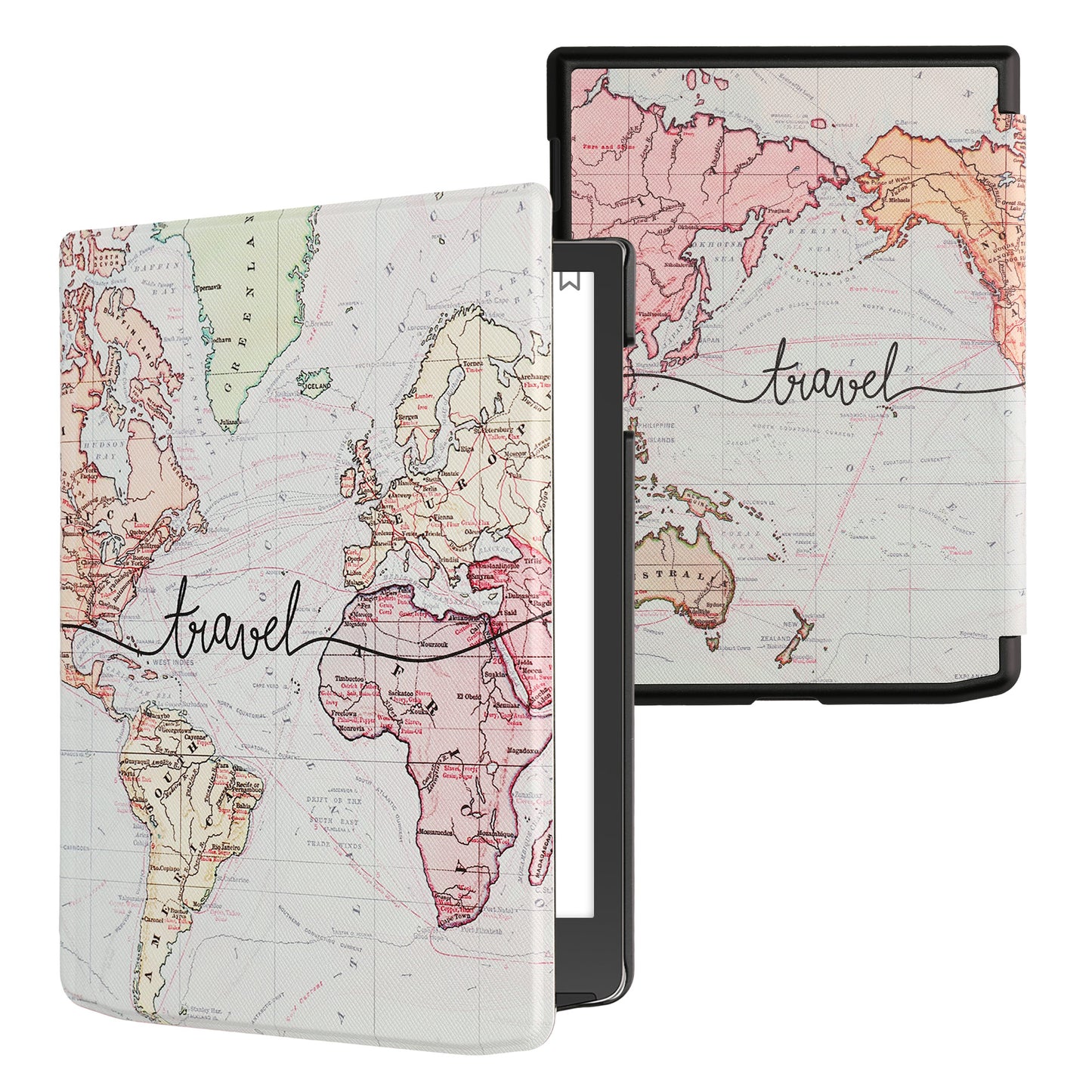 kwmobile Klapphülle kompatibel mit Pocketbook InkPad 4 / Color 3 / Color 2 / Vivlio InkPad 4 / InkPad Color 3 Hülle - eReader Case - Travel Schriftzug Schwarz Mehrfarbig Schwarz  [dsg03]