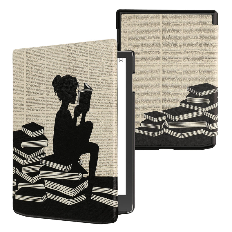 kwmobile Klapphülle kompatibel mit Pocketbook InkPad 4 / Color 3 / Color 2 / Vivlio InkPad 4 / InkPad Color 3 Hülle - eReader Case - Lesende Frau Schwarz Beige Schwarz  [dsg04]