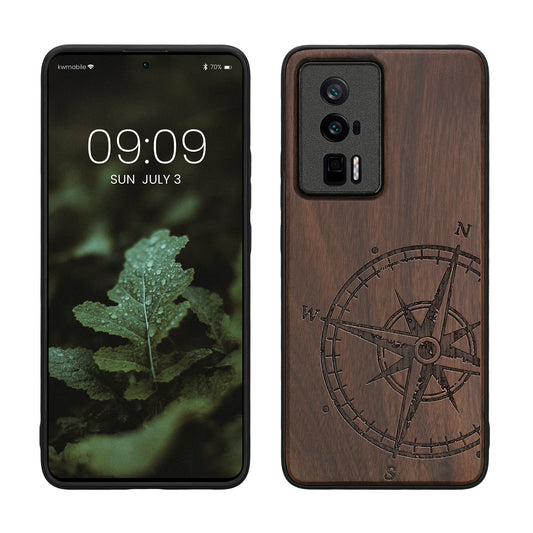 kwmobile Hülle kompatibel mit Xiaomi Poco F5 Pro 5G Hülle - Holz Case - Handy Cover - TPU Handyhülle in Dunkelbraun Kompass Vintage Dunkelbraun  [dsg01]
