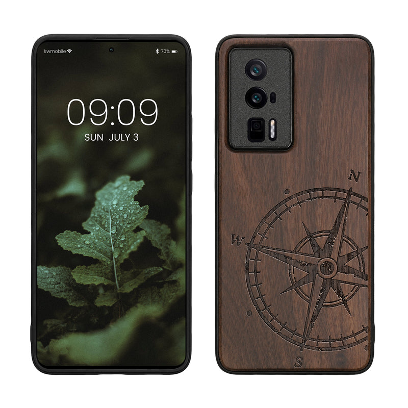 kwmobile Hülle kompatibel mit Xiaomi Poco F5 Pro 5G Hülle - Holz Case - Handy Cover - TPU Handyhülle in Dunkelbraun Kompass Vintage Dunkelbraun  [dsg01]