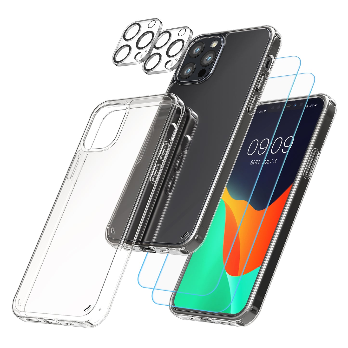 kwmobile 5in1 Set Handyhülle kompatibel mit Apple iPhone 12 Pro Hülle - 1x stoßsichere Schutzhülle 2x Schutzglas Display 2x Kamerschutz Glas - Transparent Transparent  