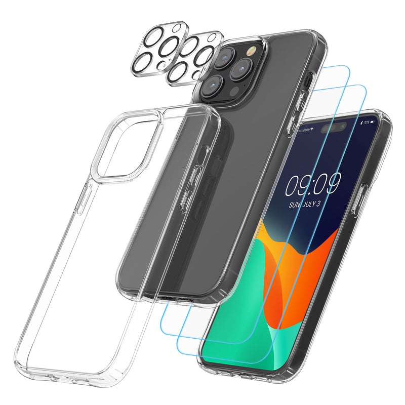 kwmobile 5in1 Set Handyhülle kompatibel mit Apple iPhone 14 Pro Max Hülle - 1x stoßsichere Schutzhülle 2x Schutzglas Display 2x Kamerschutz Glas - Transparent Transparent  