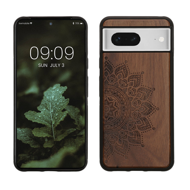 kwmobile Hülle kompatibel mit Google Pixel 8 Hülle - Holz Case - Handy Cover - TPU Handyhülle in Dunkelbraun Aufgehende Sonne Dunkelbraun  [dsg01]