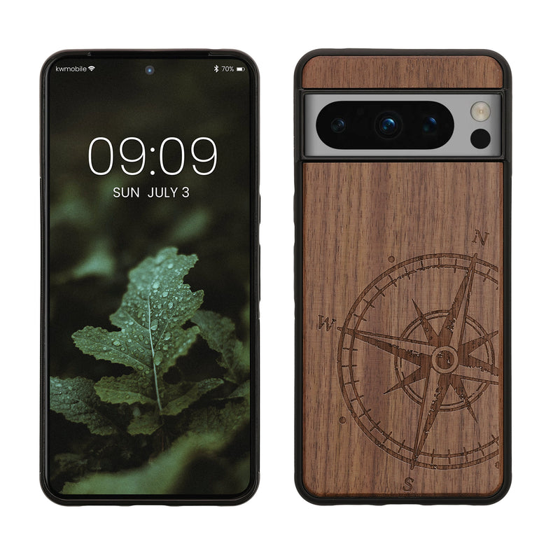 kwmobile Hülle kompatibel mit Google Pixel 8 Pro Hülle - Holz Case - Handy Cover - TPU Handyhülle in Dunkelbraun Kompass Vintage Dunkelbraun  [dsg02]