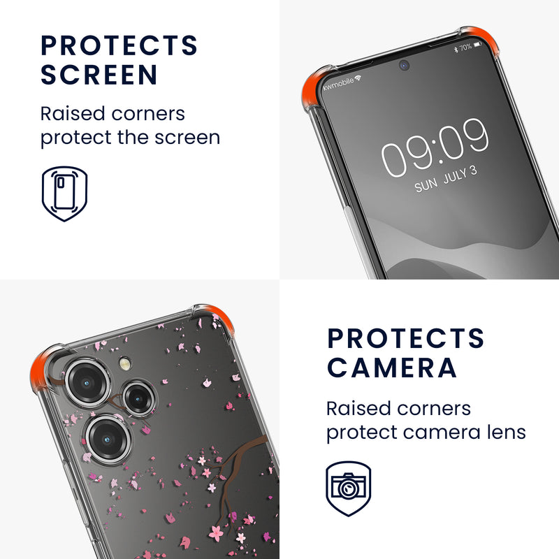 kwmobile Necklace Case compatible with Xiaomi Redmi 12 Silicone Cover with Phone Chain Cherry Blossom Leaves