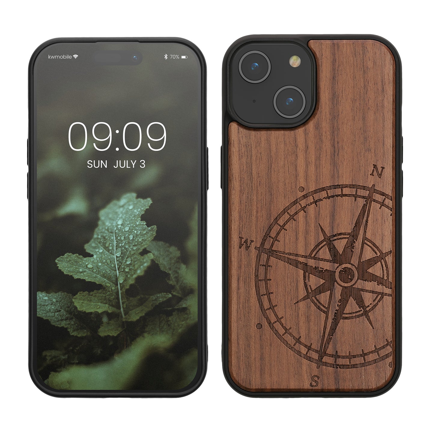 kwmobile Hülle kompatibel mit iPhone 15 Hülle - Holz Case - Handy Cover - TPU Handyhülle in Dunkelbraun Kompass Vintage Dunkelbraun  [dsg01]