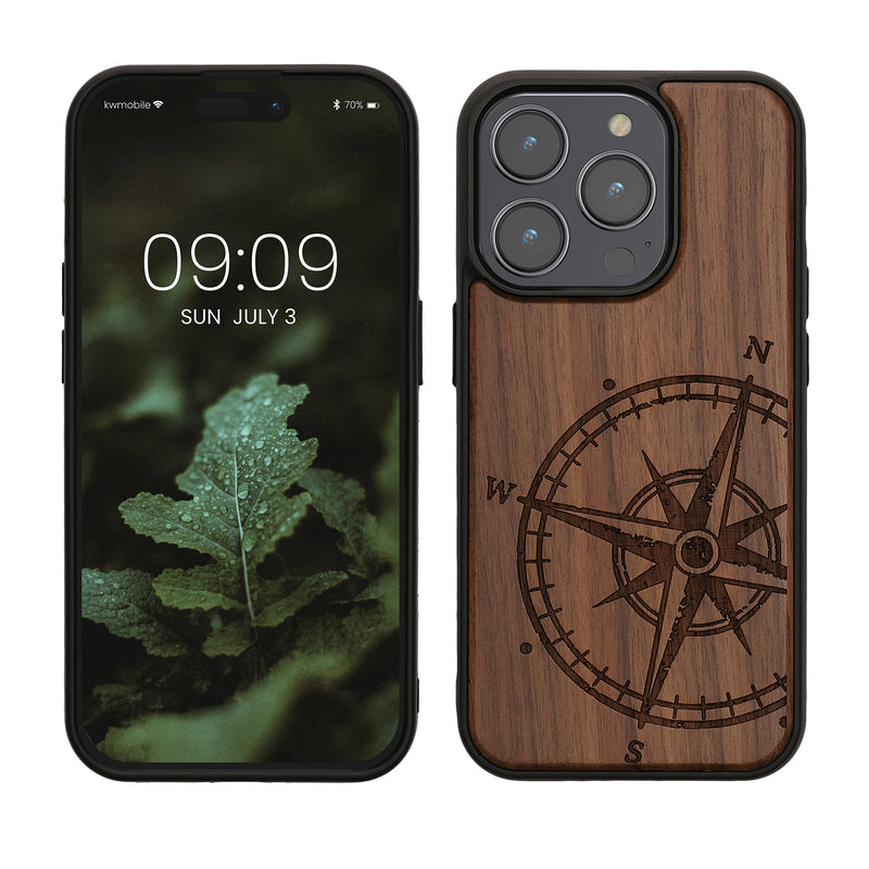 kwmobile Hülle kompatibel mit iPhone 15 Pro Hülle - Holz Case - Handy Cover - TPU Handyhülle in Dunkelbraun Kompass Vintage Dunkelbraun  [dsg01]