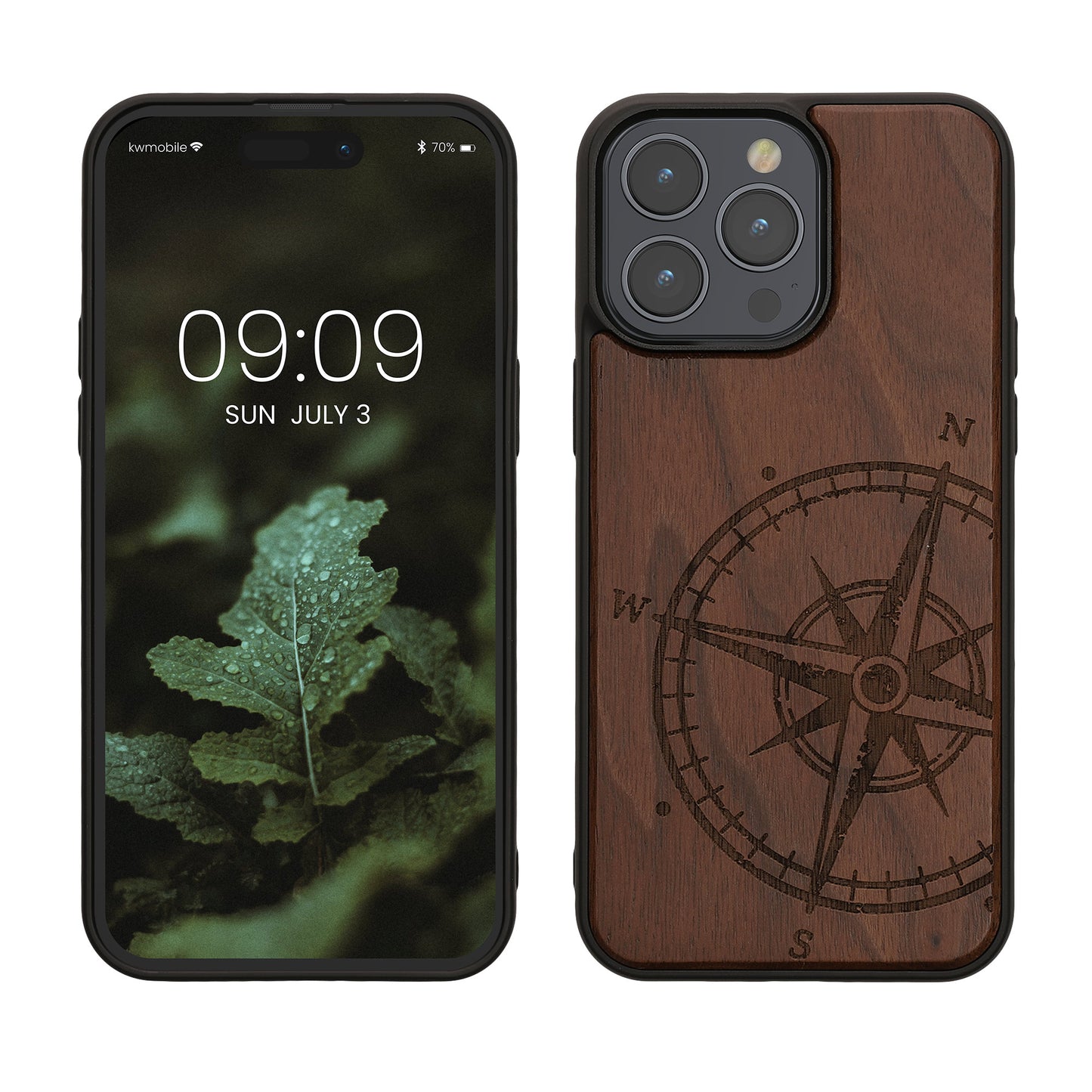 kwmobile Hülle kompatibel mit iPhone 15 Pro Max Hülle - Holz Case - Handy Cover - TPU Handyhülle in Dunkelbraun Kompass Vintage Dunkelbraun  [dsg01]