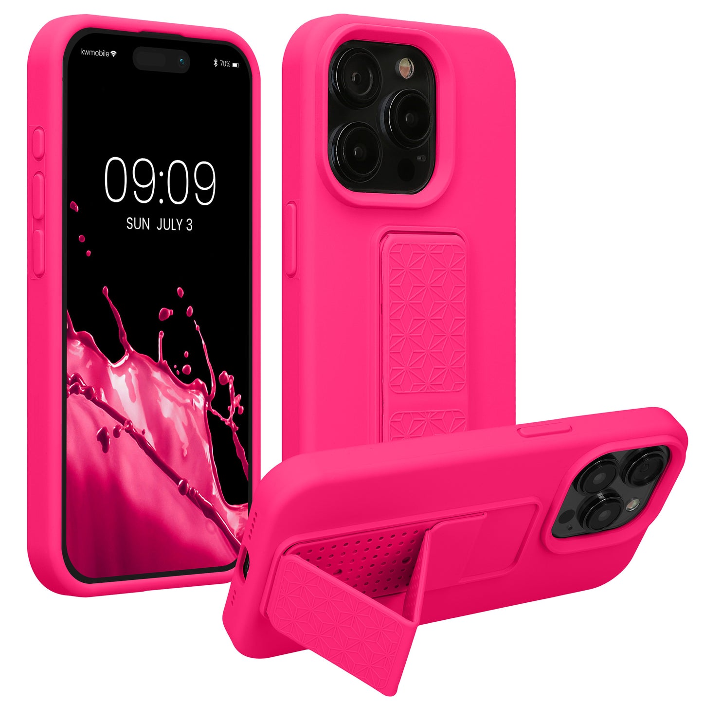 kwmobile Handyhülle kompatibel mit iPhone 15 Pro Max - Hülle mit Fingerhalter und Standfunktion - Silikon Case Handy Cover in Neon Pink Neon Pink  