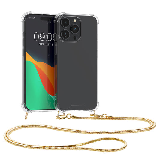 kwmobile Schutzhülle kompatibel mit iPhone 15 Pro - Hülle - Handykette - Silikon Handyhülle Cover Case Transparent Gold Transparent  