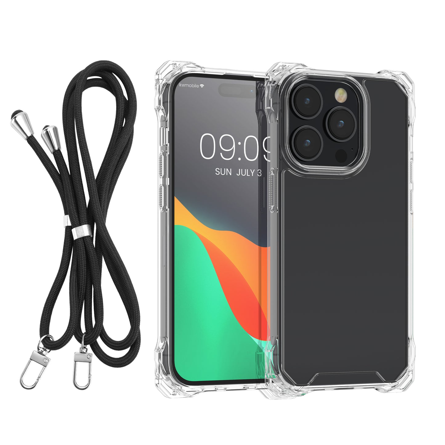 kwmobile Necklace Case kompatibel mit iPhone 15 Pro Max Hülle - stoßfestes Kunststoff Cover mit Handykette und TPU Bumper - Transparent Schwarz Transparent  