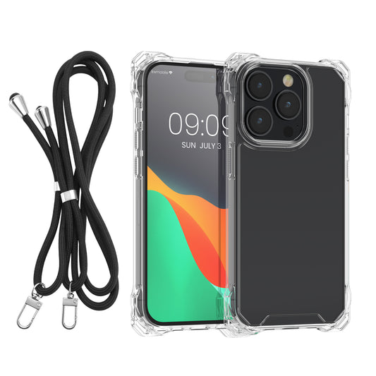kwmobile Necklace Case kompatibel mit iPhone 15 Pro Max Hülle - stoßfestes Kunststoff Cover mit Handykette und TPU Bumper - Transparent Schwarz Transparent  