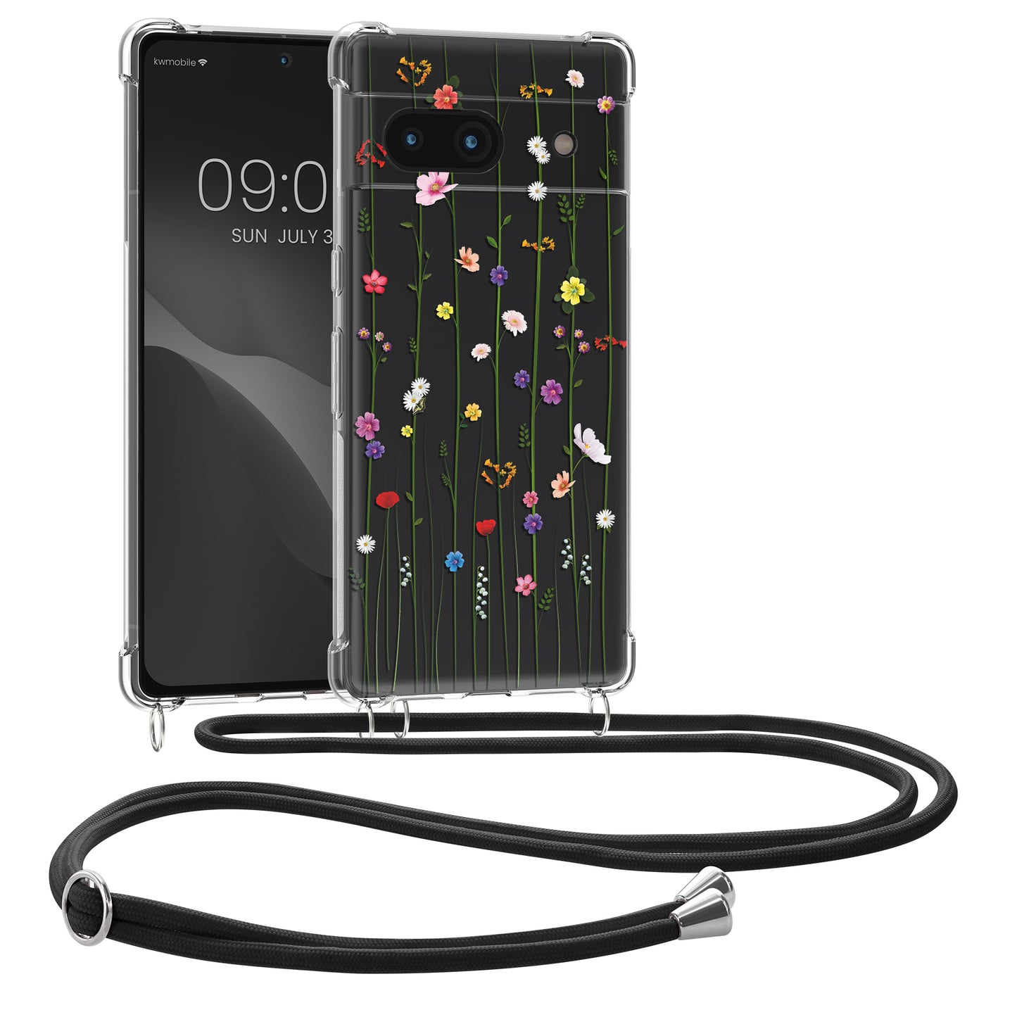 kwmobile Necklace Case compatible with Google Pixel 6a Silicone Cover with Phone Chain Cherry Blossom Petals