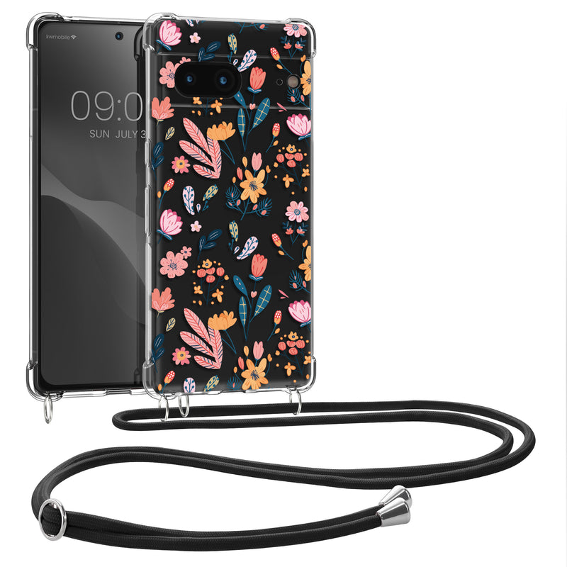 kwmobile Necklace Case Compatible with Google Pixel 7 Silicone Cover with Phone Chain Cherry Blossom Leaves