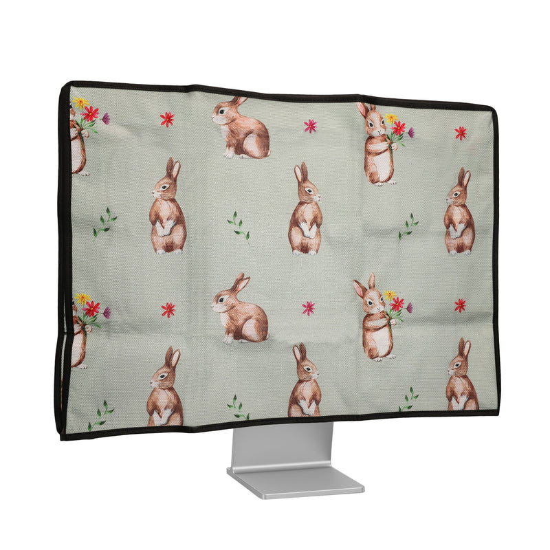 kwmobile Leinen Hülle kompatibel mit 20-22" Monitor - Schutzhülle Staubschutz Abdeckhaube für PC Bildschirm - Computer Screen Cover Staubhaube Haube - Hasen und Blumen Weiß  [dsg05]
