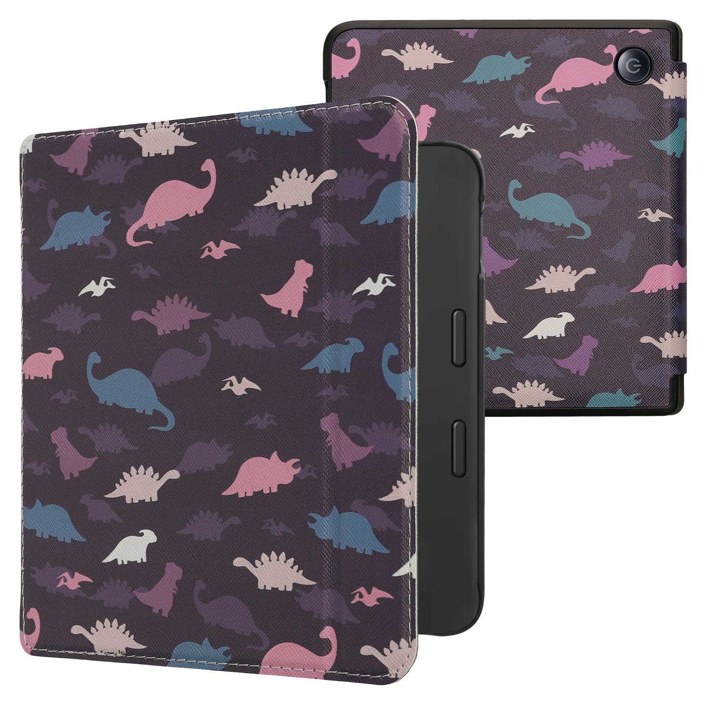 kwmobile Klapphülle kompatibel mit Kobo Libra 2 Hülle - eReader Case - Bunte Dinos Violett Gelb Blau Violett  [dsg82]