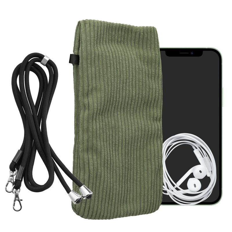 kwmobile Handytasche für Smartphones XXL - 7" Handy Tasche - Cord Handy Hülle Graugrün mit Kordel - Tasche mit Handykette 17,7 x 9 cm Innenmaße Graugrün XXL 
