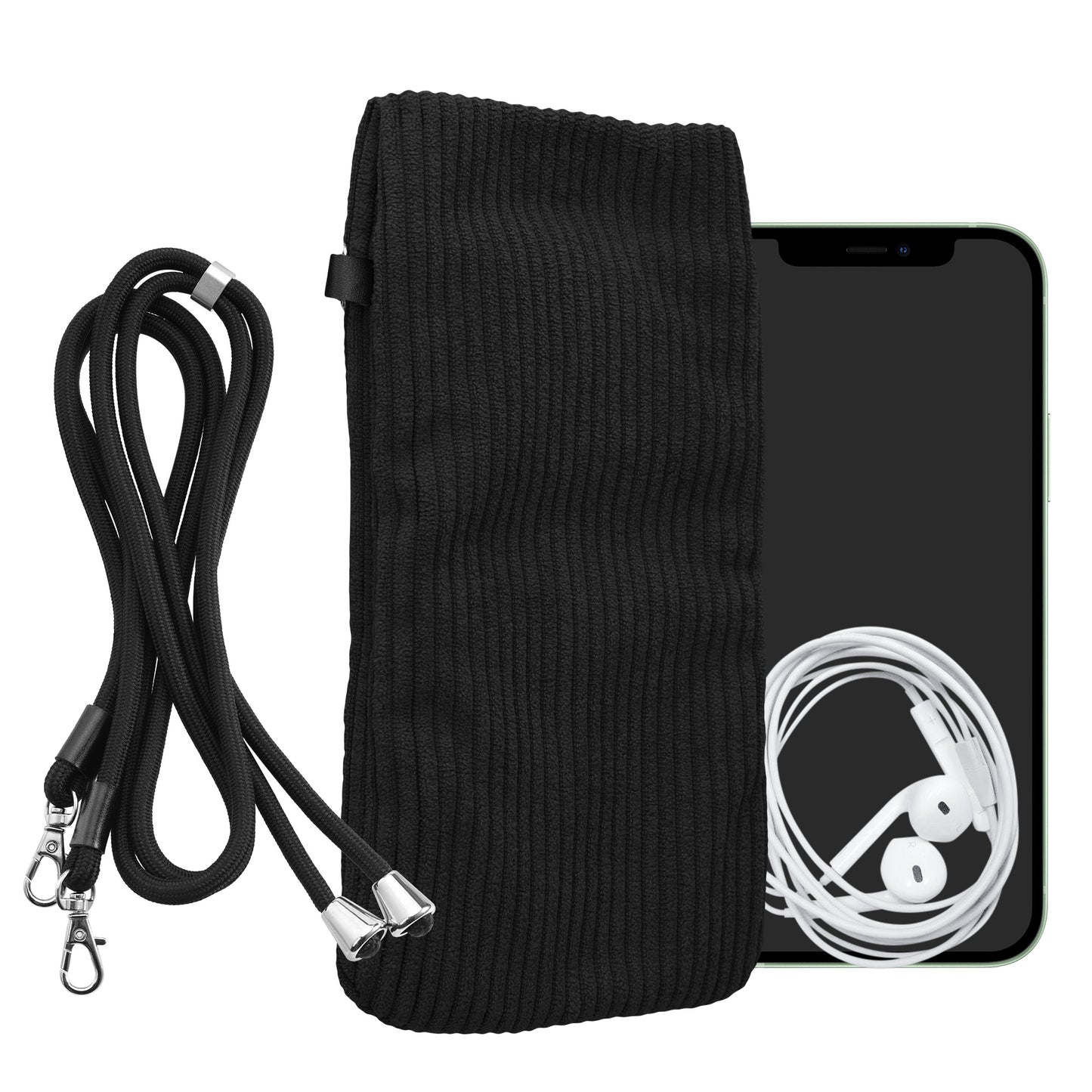 kwmobile Handytasche für Smartphones XL - 6,7/6,8" Handy Tasche - Cord Handy Hülle Schwarz mit Kordel - Tasche mit Handykette 16,7 x 9,5 cm Innenmaße Schwarz XL 
