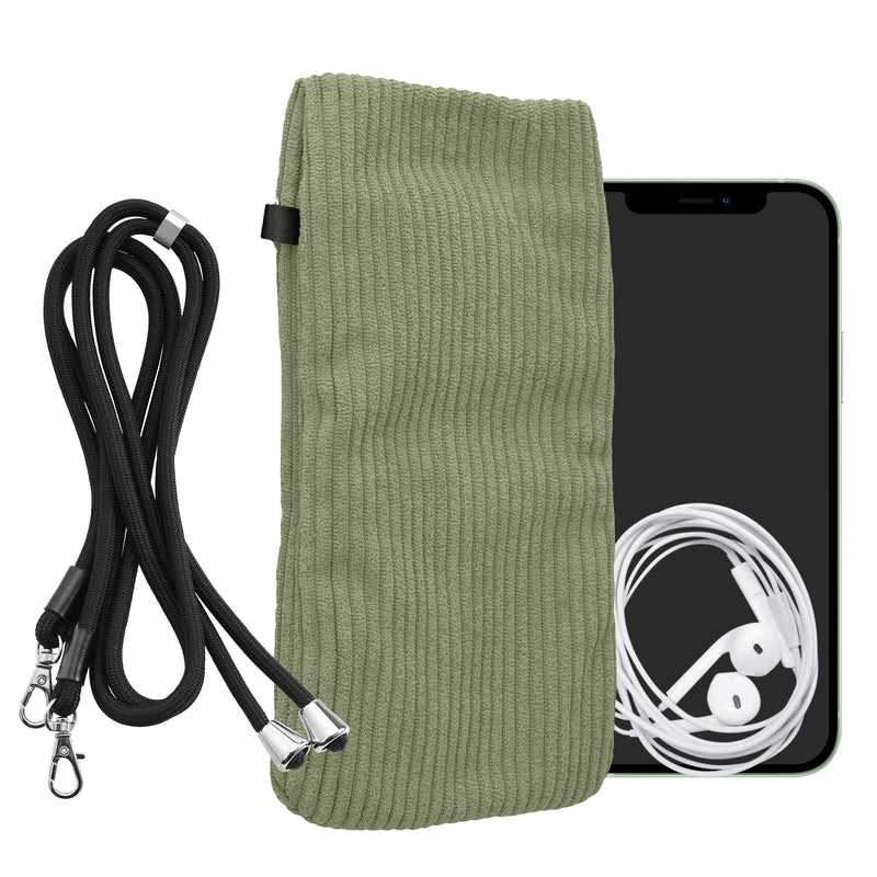 kwmobile Handytasche für Smartphones XL - 6,7/6,8" Handy Tasche - Cord Handy Hülle Graugrün mit Kordel - Tasche mit Handykette 16,7 x 9,5 cm Innenmaße Graugrün XL 
