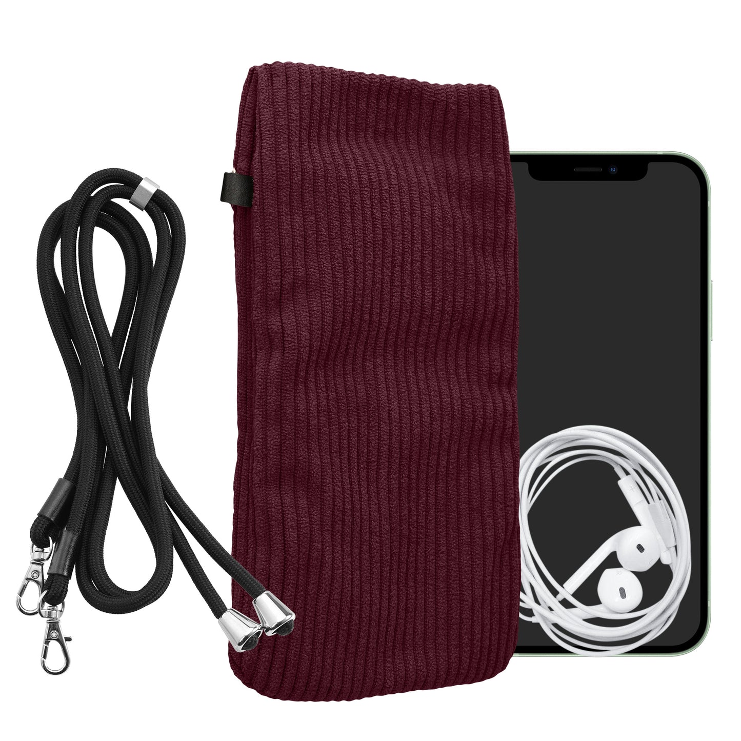 kwmobile Handytasche für Smartphones XL - 6,7/6,8" Handy Tasche - Cord Handy Hülle Bordeaux Violett mit Kordel - Tasche mit Handykette 16,7 x 9,5 cm Innenmaße Bordeaux Violett XL 