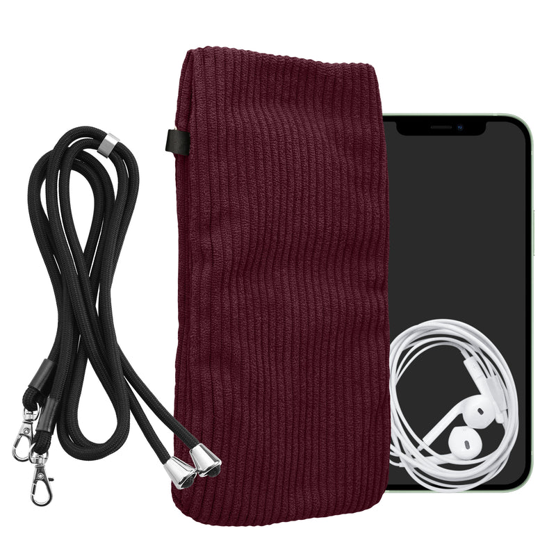 kwmobile Handytasche für Smartphones XL - 6,7/6,8" Handy Tasche - Cord Handy Hülle Bordeaux Violett mit Kordel - Tasche mit Handykette 16,7 x 9,5 cm Innenmaße Bordeaux Violett XL 