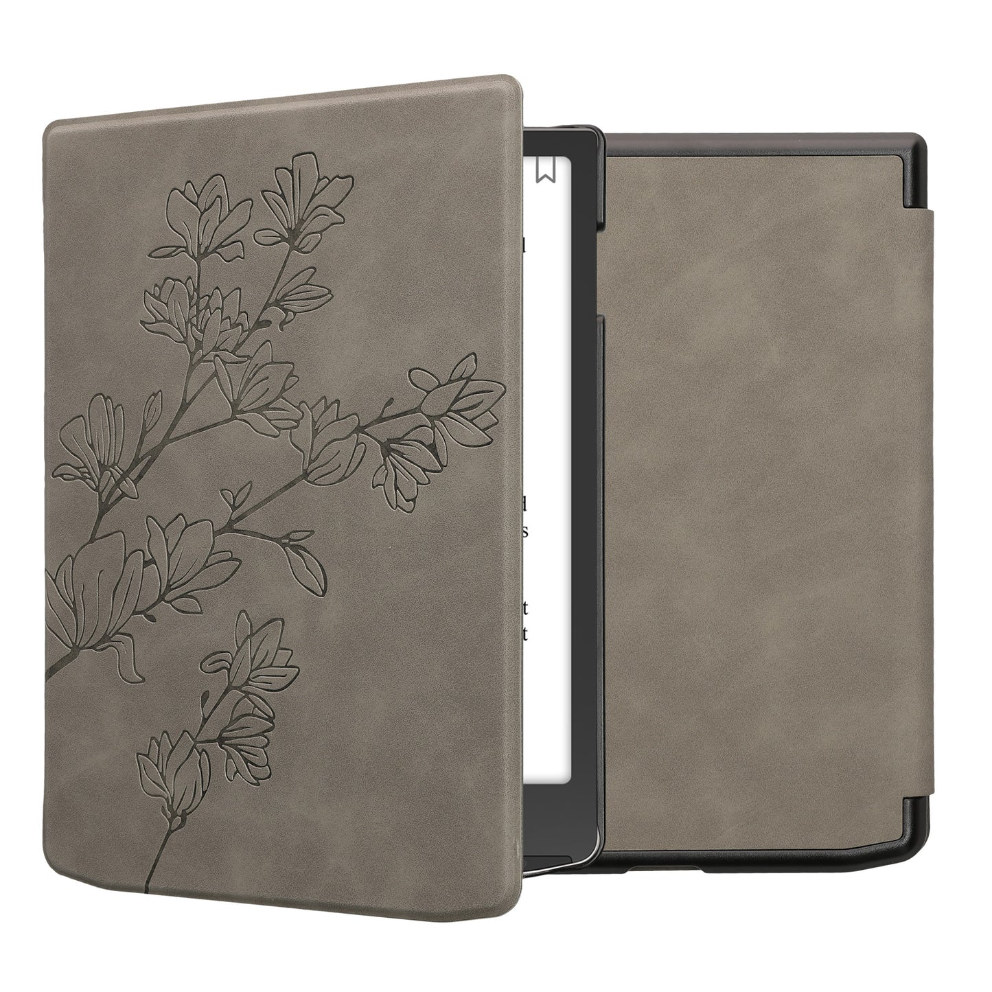 kwmobile Hülle kompatibel mit Pocketbook InkPad 4 / Color 3 / Color 2 / Vivlio InkPad 4 / InkPad Color 3 Hülle - Kunstleder Cover - Magnolien Grau Grau  [dsg04]