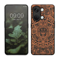 kwmobile Hülle kompatibel mit OnePlus Nord 3 5G Hülle - Holz Case - Handy Cover - TPU Handyhülle in Hellbraun Schwarz Maya Kalender Art Hellbraun  [dsg02]