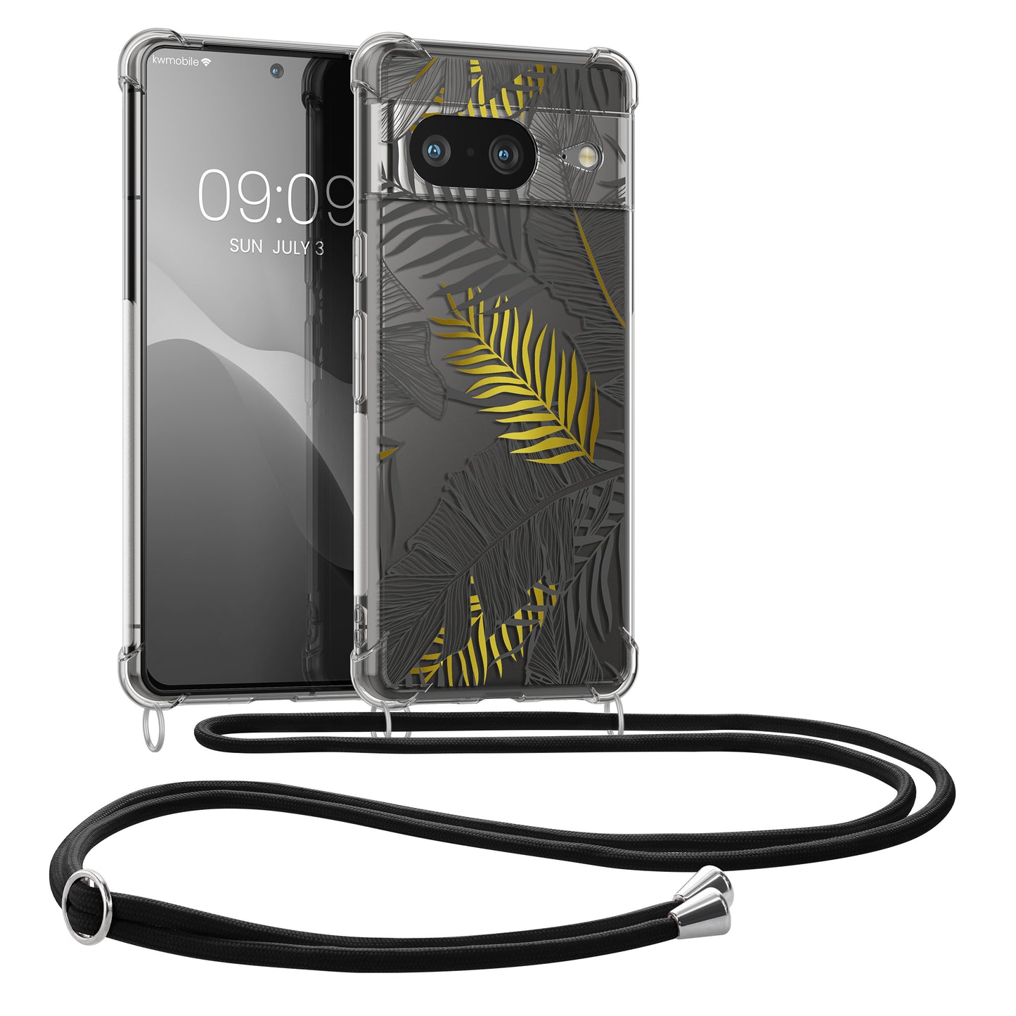 kwmobile Necklace Case kompatibel mit Google Pixel 8 Hülle - Silikon Cover mit Handykette - Gelb Grau Transparent Dschungel Gelb  [dsg03]