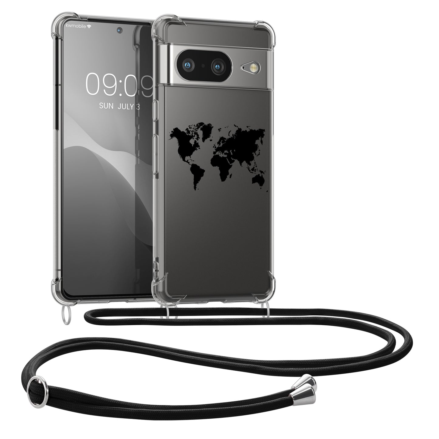 kwmobile Necklace Case kompatibel mit Google Pixel 8 Hülle - Silikon Cover mit Handykette - Schwarz Transparent Travel Umriss Schwarz  [dsg05]