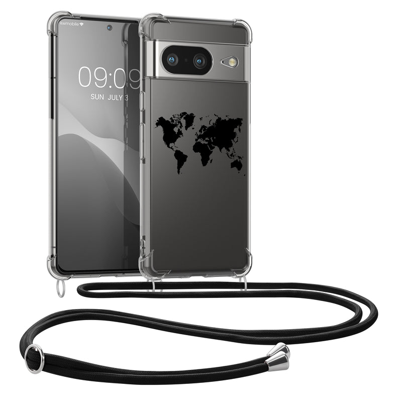 kwmobile Necklace Case kompatibel mit Google Pixel 8 Hülle - Silikon Cover mit Handykette - Schwarz Transparent Travel Umriss Schwarz  [dsg05]