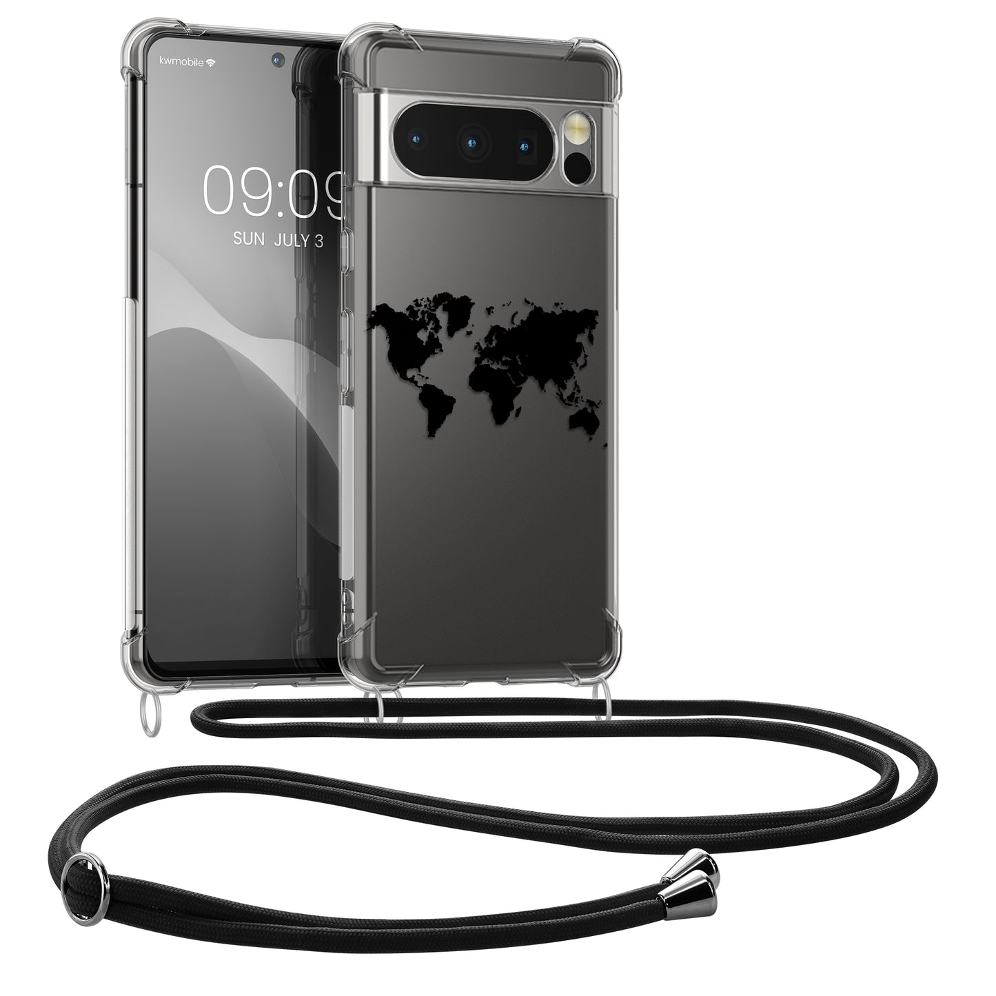 kwmobile Necklace Case kompatibel mit Google Pixel 8 Pro Hülle - Silikon Cover mit Handykette - Schwarz Transparent Travel Umriss Schwarz  [dsg03]
