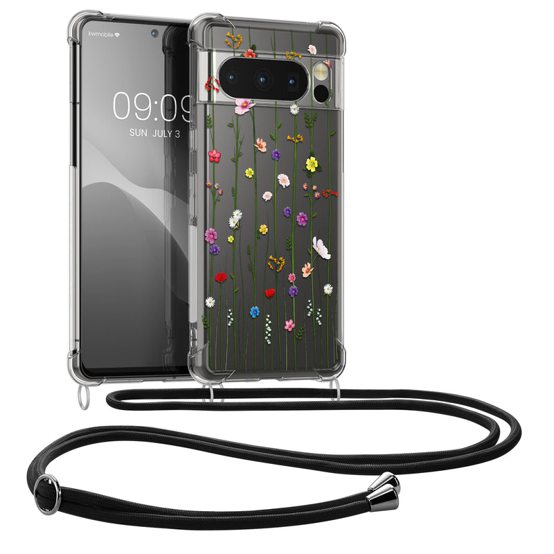 kwmobile Necklace Case kompatibel mit Google Pixel 8 Pro Hülle - Silikon Cover mit Handykette - Mehrfarbig Transparent Wildblumen Ranke Mehrfarbig  [dsg05]