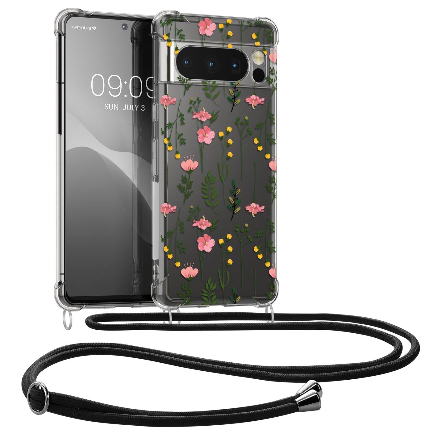 kwmobile Necklace Case kompatibel mit Google Pixel 8 Pro Hülle - Silikon Cover mit Handykette - Rosa Grün Transparent Zarte Wildblumen Rosa  [dsg06]