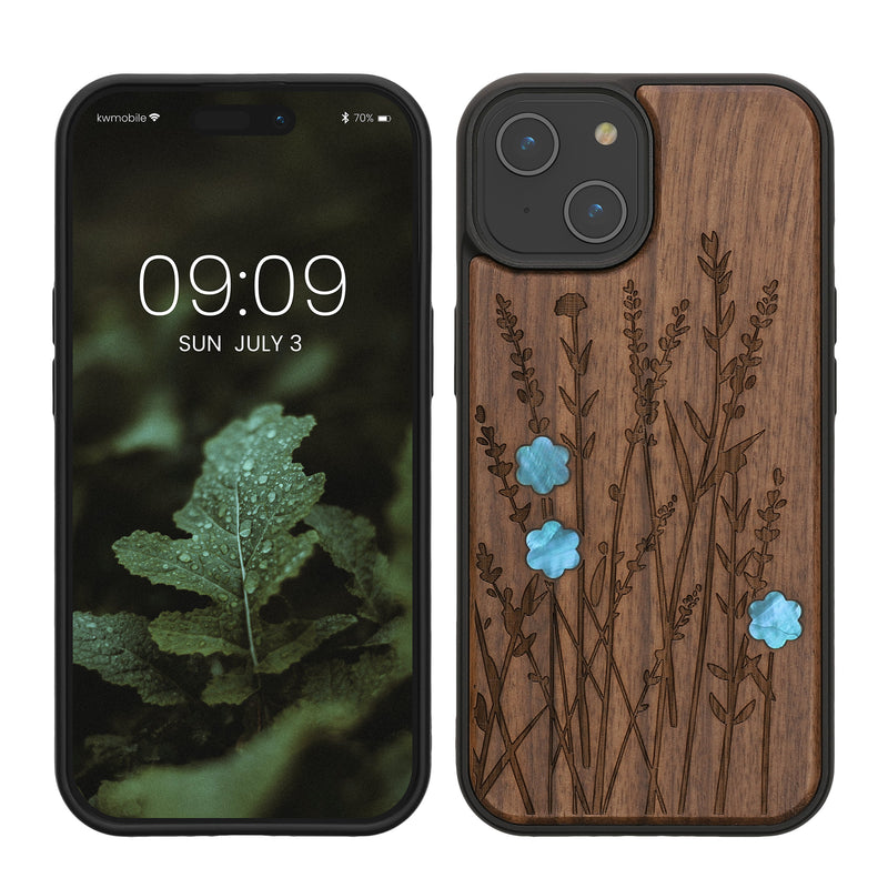 kwmobile Hülle kompatibel mit iPhone 15 Hülle - Holz Case - Handy Cover - TPU Handyhülle in Dunkelbraun Perlmutt-Lavendel Dunkelbraun  [dsg03]