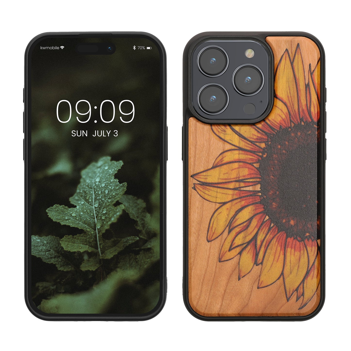 kwmobile Hülle kompatibel mit iPhone 15 Pro Hülle - Holz Case - Handy Cover - TPU Handyhülle in Gelb Dunkelbraun Hellbraun Wood Sunflower Gelb  [dsg04]