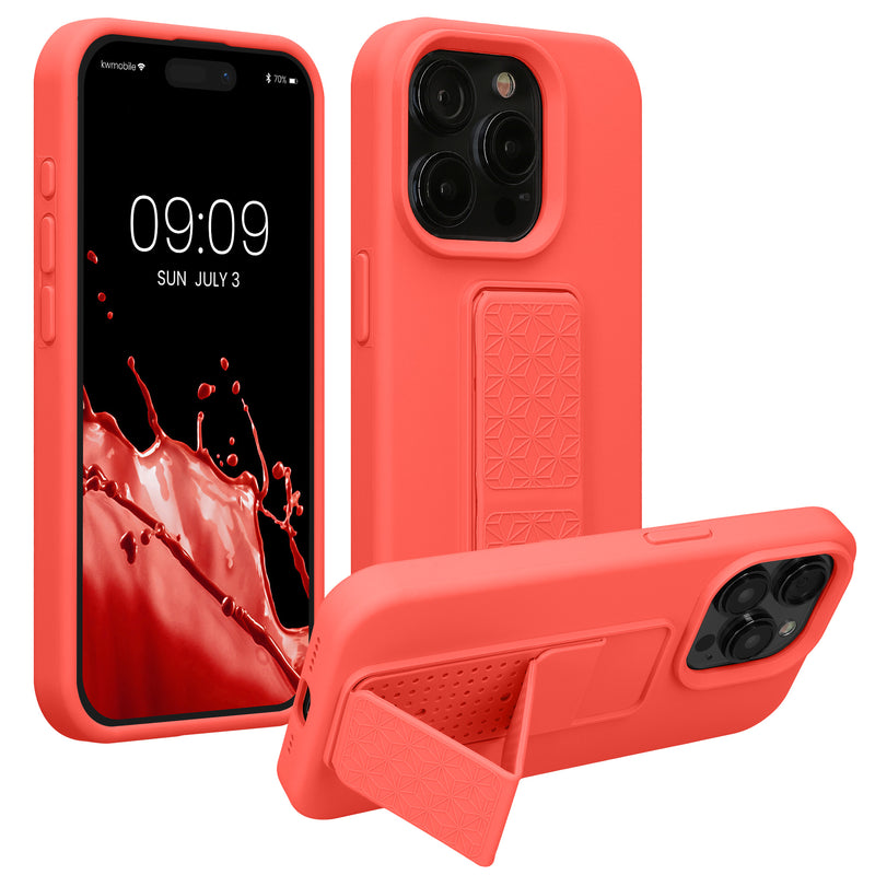 kwmobile Handyhülle kompatibel mit iPhone 15 Pro Max - Hülle mit Fingerhalter und Standfunktion - Silikon Case Handy Cover in Koralle Koralle  